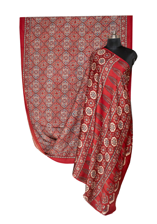 Ajrakh Modal Silk Natural Dye Hand Block Print Saree with Blouse Piece - 5.5 Mtr Length   -  SKU : AI18801D