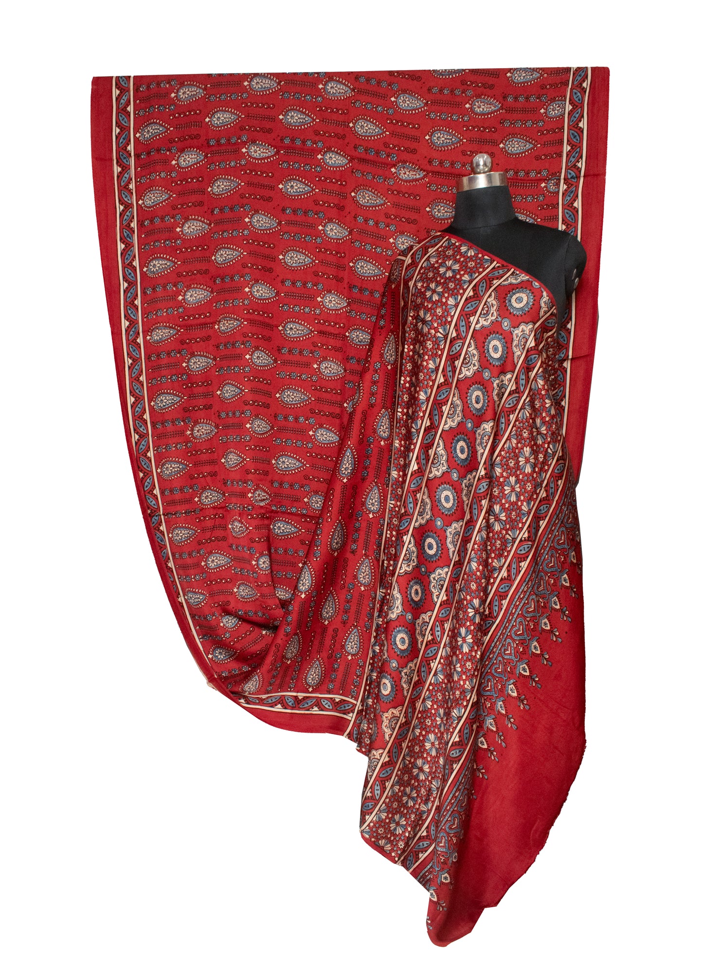 Ajrakh Modal Silk Natural Dye Hand Block Print Saree with Blouse Piece - 5.5 Mtr Length   -  SKU : AI18801I