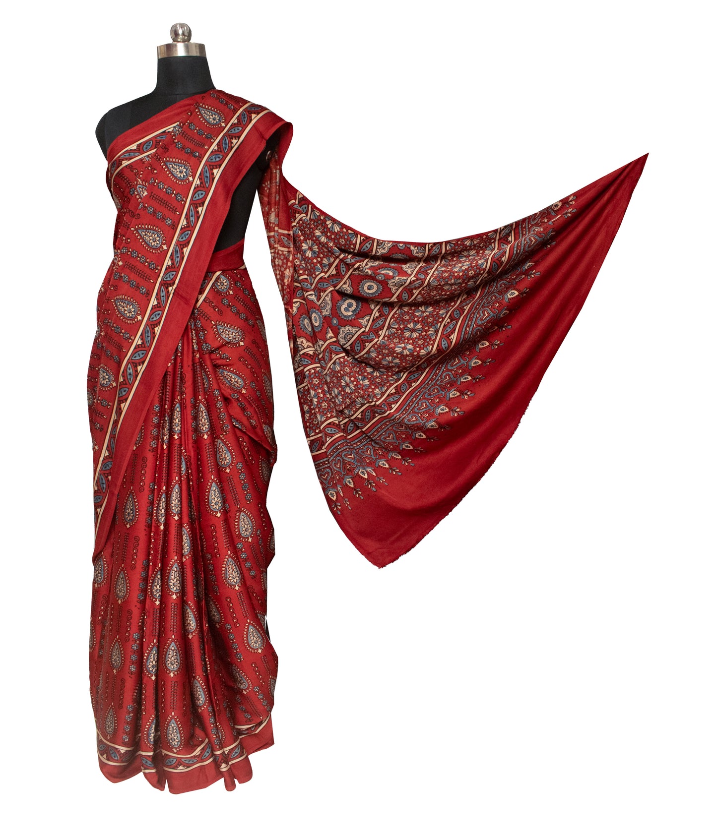 Ajrakh Modal Silk Natural Dye Hand Block Print Saree with Blouse Piece - 5.5 Mtr Length   -  SKU : AI18801I