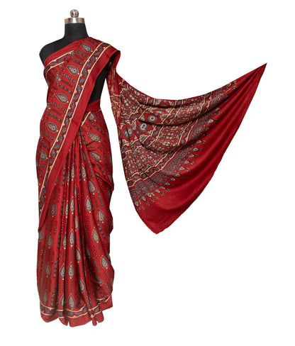 Ajrakh Modal Silk Natural Dye Hand Block Print Saree with Blouse Piece - 5.5 Mtr Length   -  SKU : AI18801I