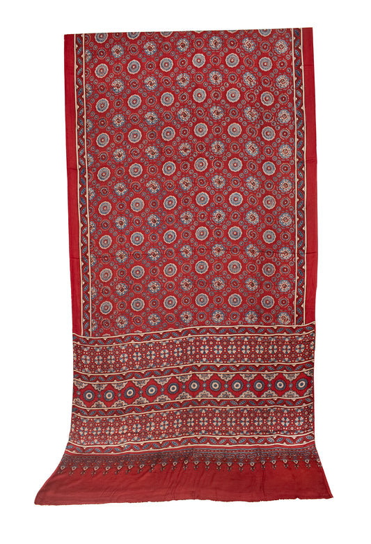 Ajrakh Modal Silk Natural Dye Hand Block Print Saree with Blouse Piece - 5.5 Mtr Length   -  SKU : AI18801N