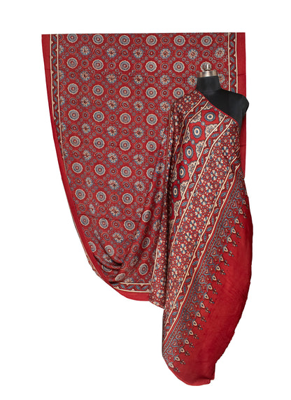 Ajrakh Modal Silk Natural Dye Hand Block Print Saree with Blouse Piece - 5.5 Mtr Length   -  SKU : AI18801N