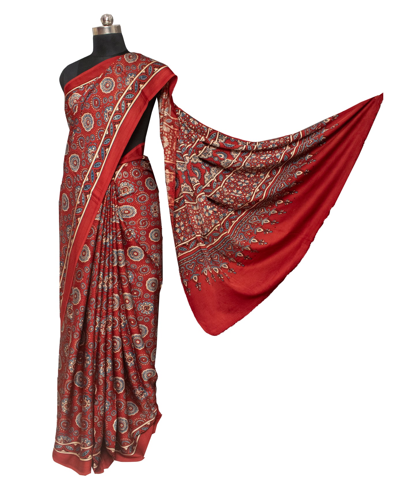 Ajrakh Modal Silk Natural Dye Hand Block Print Saree with Blouse Piece - 5.5 Mtr Length   -  SKU : AI18801N