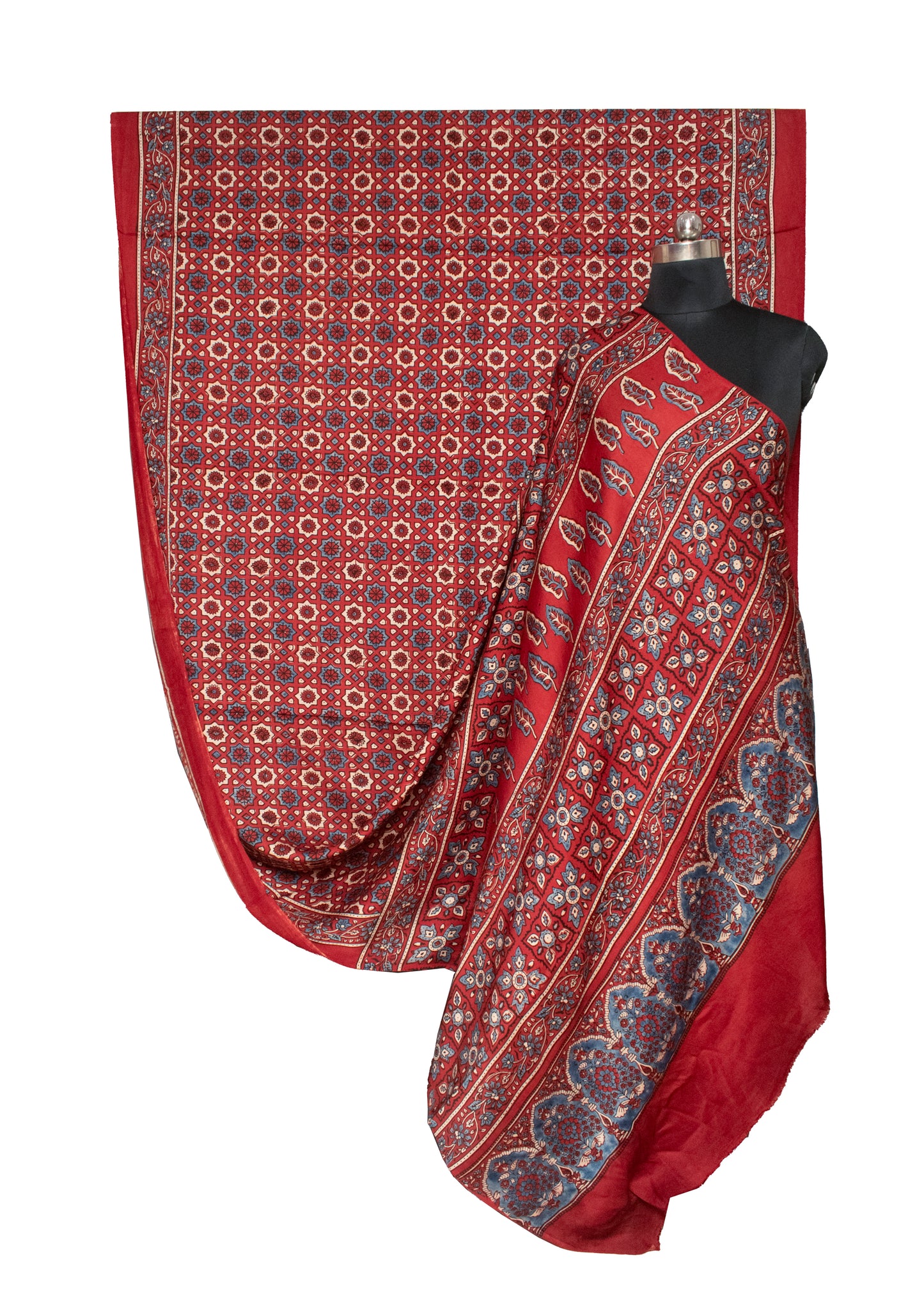 Ajrakh Modal Silk Natural Dye Hand Block Print Saree with Blouse Piece - 5.5 Mtr Length   -  SKU : AI18801S