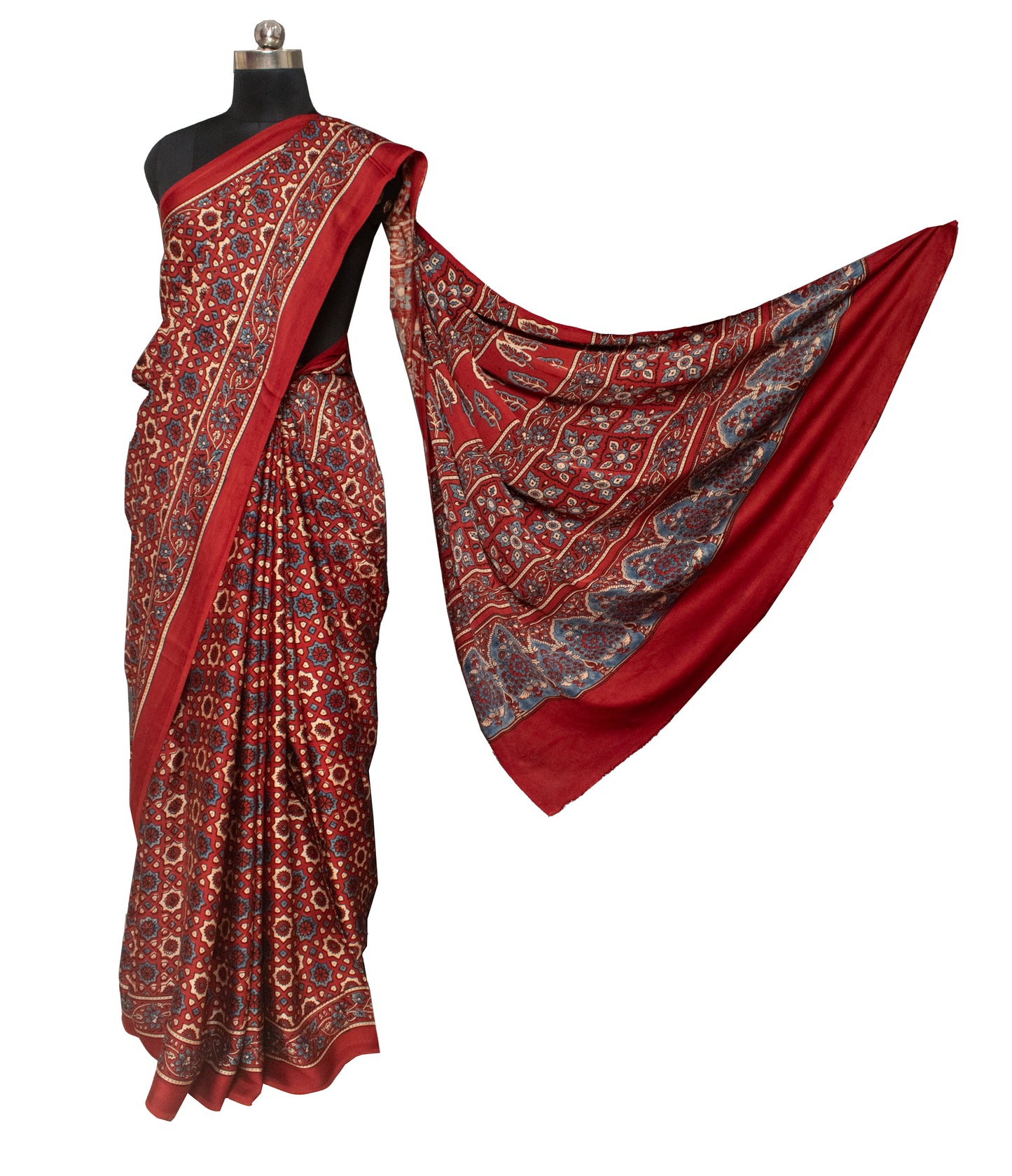 Ajrakh Modal Silk Natural Dye Hand Block Print Saree with Blouse Piece - 5.5 Mtr Length   -  SKU : AI18801S
