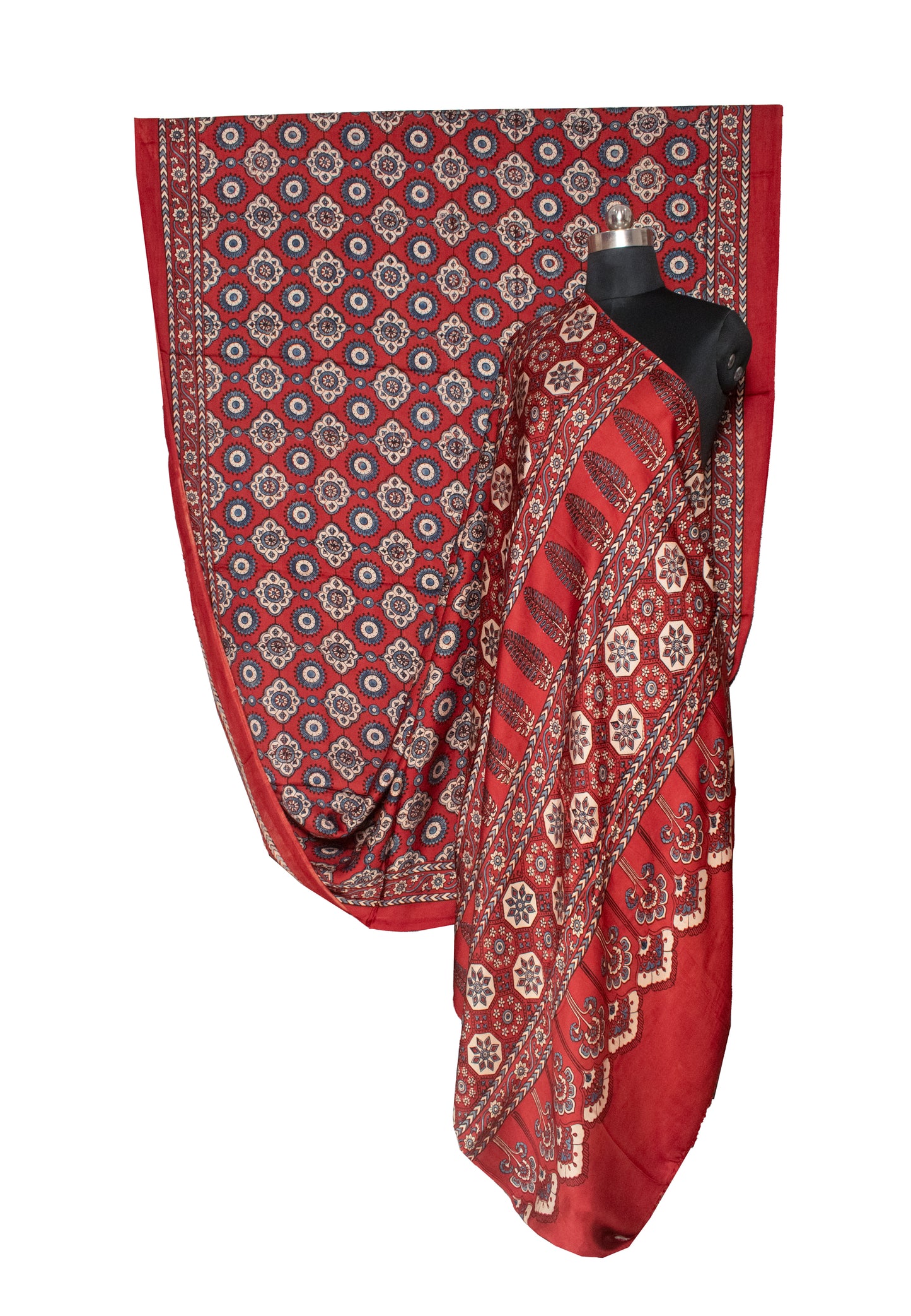 Ajrakh Modal Silk Natural Dye Hand Block Print Saree with Blouse Piece - 5.5 Mtr Length   -  SKU : AI18801X
