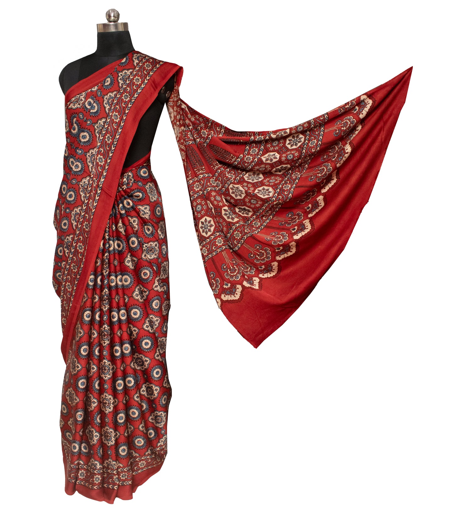 Ajrakh Modal Silk Natural Dye Hand Block Print Saree with Blouse Piece - 5.5 Mtr Length   -  SKU : AI18801X