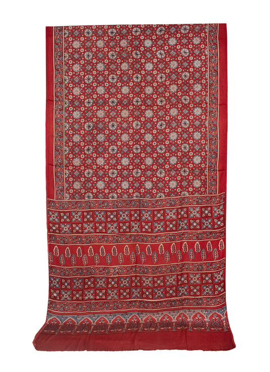 Ajrakh Modal Silk Natural Dye Hand Block Print Saree with Blouse Piece - 5.5 Mtr Length   -  SKU : AI1880AH