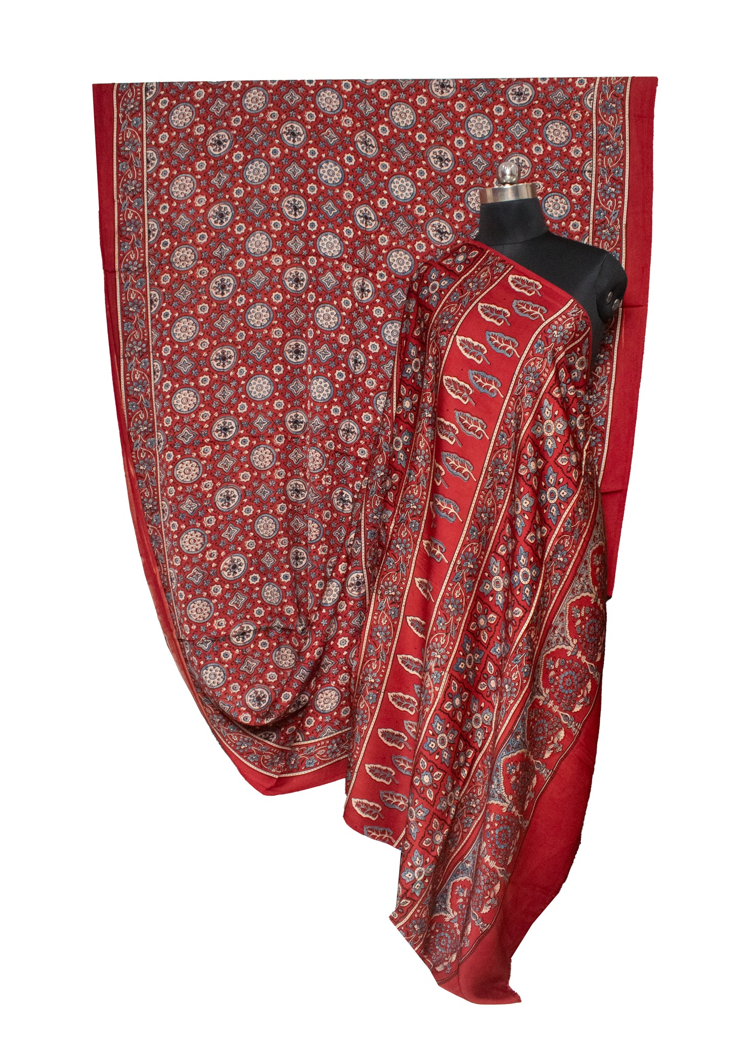 Ajrakh Modal Silk Natural Dye Hand Block Print Saree with Blouse Piece - 5.5 Mtr Length   -  SKU : AI1880AH