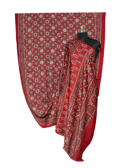 Ajrakh Modal Silk Natural Dye Hand Block Print Saree with Blouse Piece - 5.5 Mtr Length   -  SKU : AI1880AH