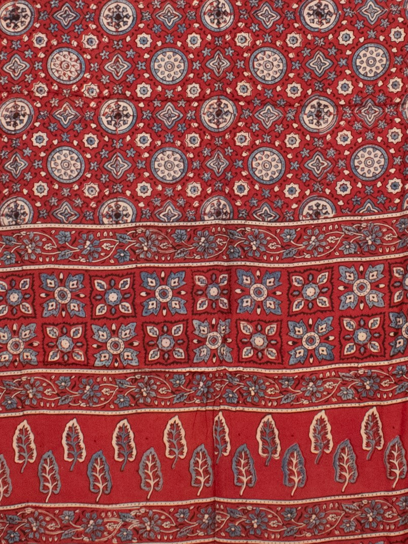 Ajrakh Modal Silk Natural Dye Hand Block Print Saree with Blouse Piece - 5.5 Mtr Length   -  SKU : AI1880AH