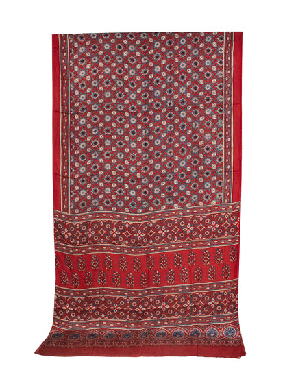 Ajrakh Modal Silk Natural Dye Hand Block Print Saree with Blouse Piece - 5.5 Mtr Length   -  SKU : AI1880AM