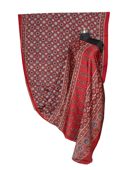 Ajrakh Modal Silk Natural Dye Hand Block Print Saree with Blouse Piece - 5.5 Mtr Length   -  SKU : AI1880AM