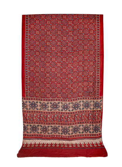 Ajrakh Modal Silk Natural Dye Hand Block Print Saree with Blouse Piece - 5.5 Mtr Length   -  SKU : AI1880AR