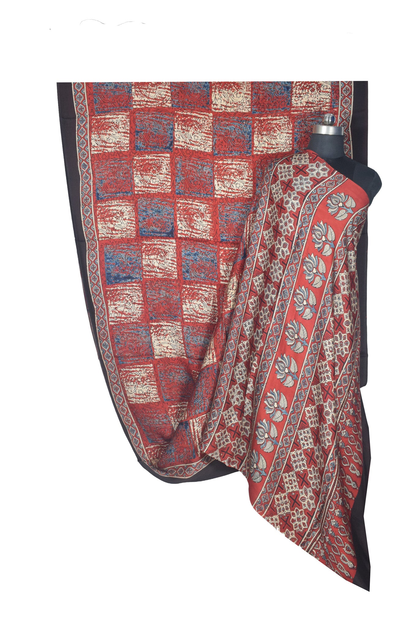 Ajrakh Modal Silk Natural Dye Hand Block Print Saree with Blouse Piece - 5.5 Mtr Length    -  SKU : AI27A01O