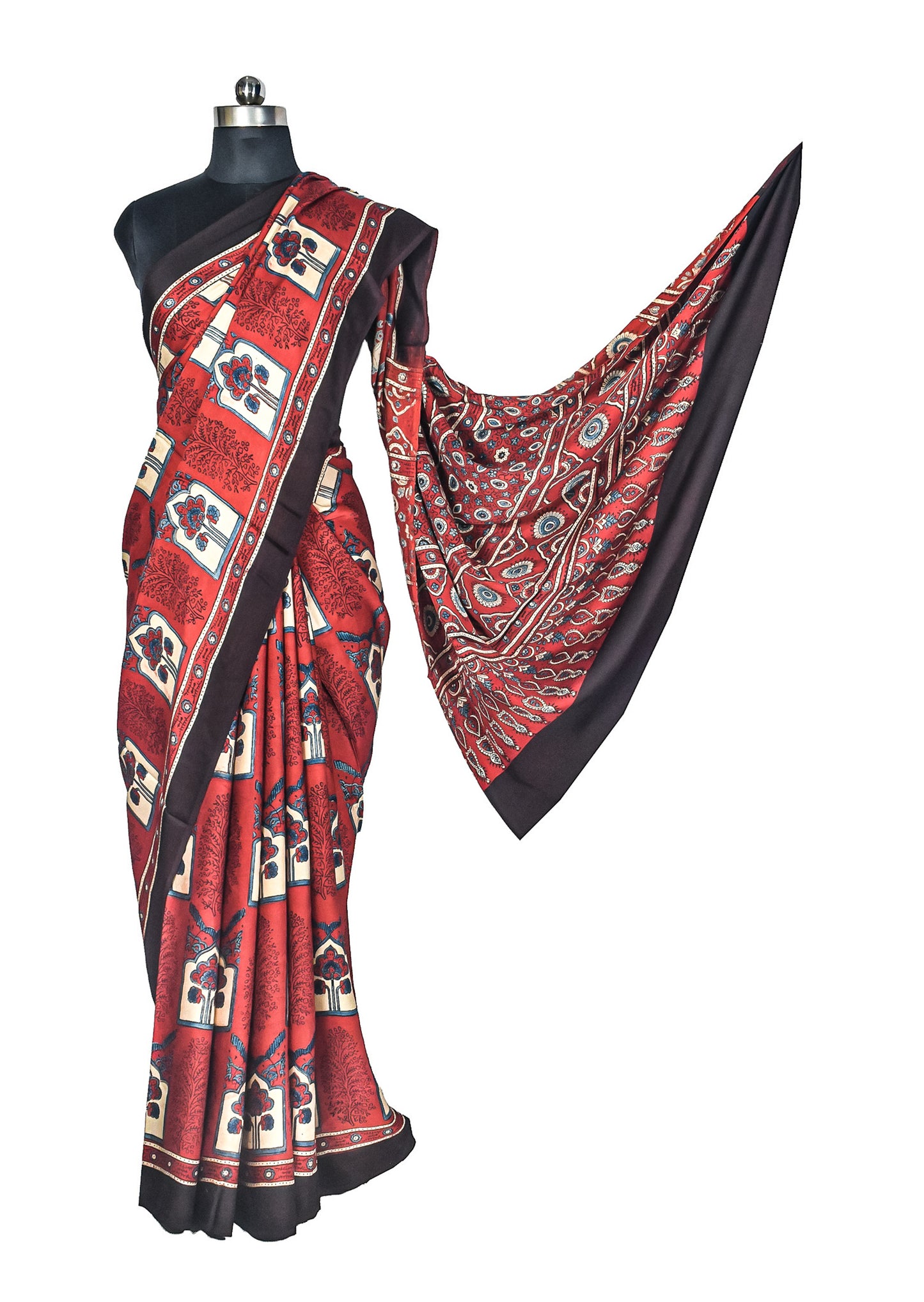 Ajrakh Modal Silk Natural Dye Hand Block Print Saree with Blouse Piece - 5.5 Mtr Length    -  SKU : AI27A01P