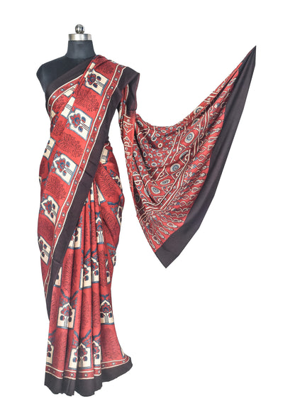 Ajrakh Modal Silk Natural Dye Hand Block Print Saree with Blouse Piece - 5.5 Mtr Length    -  SKU : AI27A01P
