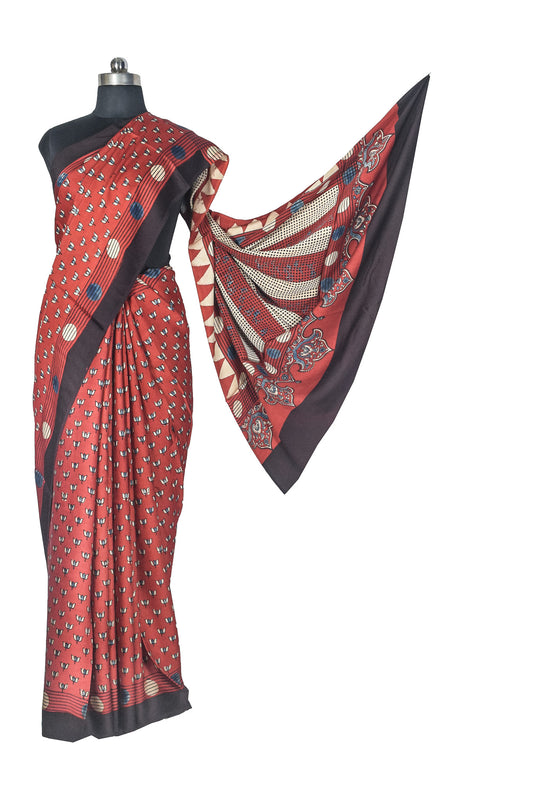 Ajrakh Modal Silk Natural Dye Hand Block Print Saree with Blouse Piece - 5.5 Mtr Length    -  SKU : AI27A01Q