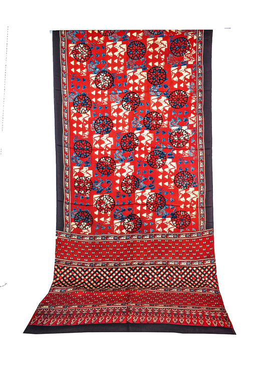 Ajrakh Modal Silk Natural Dye Hand Block Print Saree with Blouse Piece - 5.5 Mtr Length    -  SKU : AI27A01R