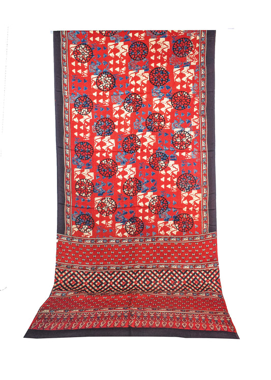 Ajrakh Modal Silk Natural Dye Hand Block Print Saree with Blouse Piece - 5.5 Mtr Length    -  SKU : AI27A01R