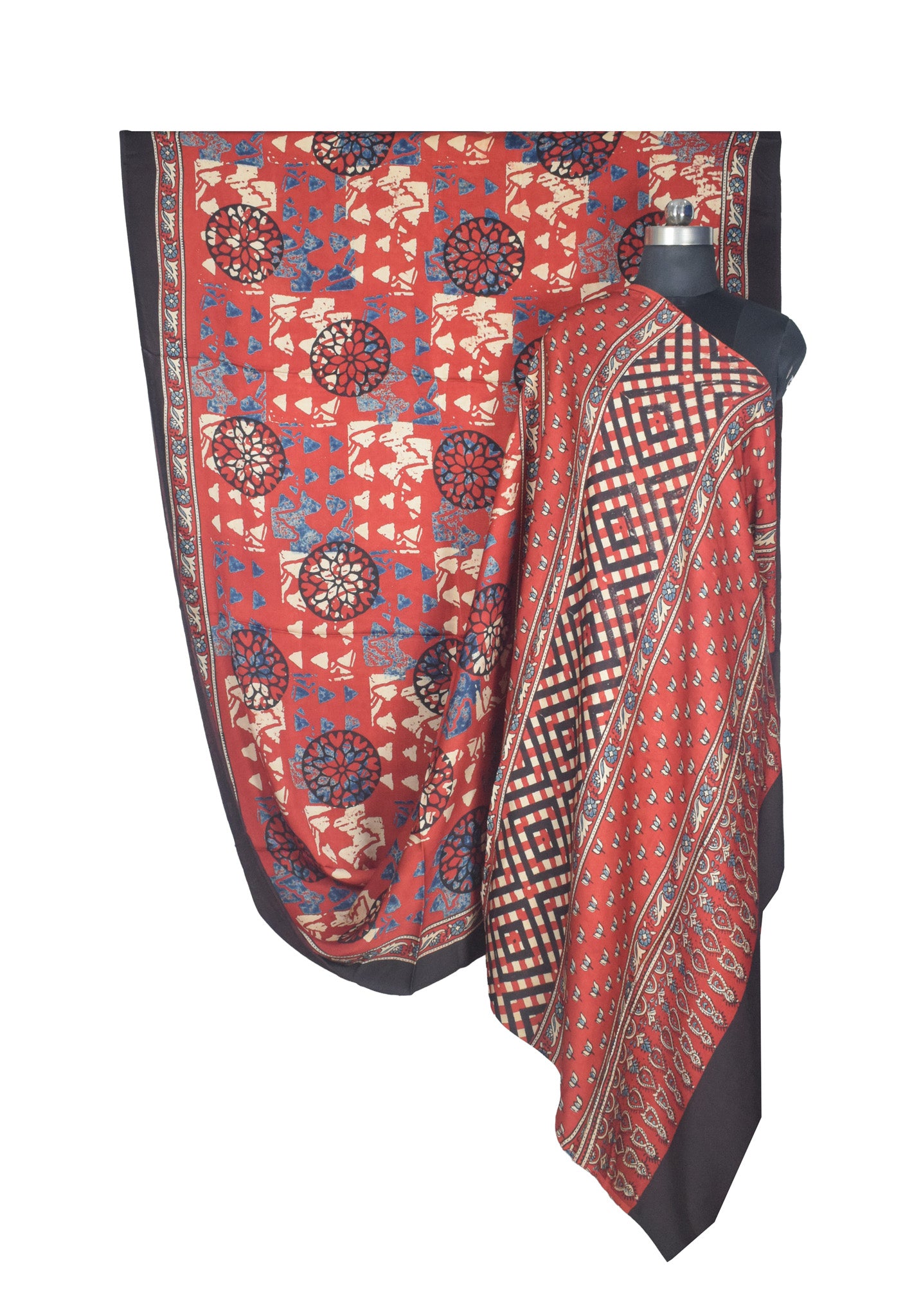 Ajrakh Modal Silk Natural Dye Hand Block Print Saree with Blouse Piece - 5.5 Mtr Length    -  SKU : AI27A01R