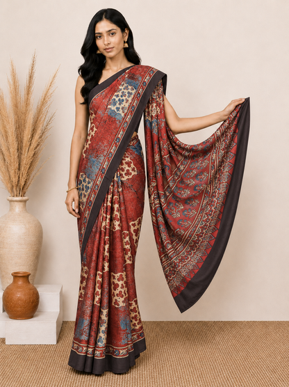 Ajrakh Modal Silk Natural Dye Hand Block Print Saree with Blouse Piece - 5.5 Mtr Length    -  SKU : AI27A01S