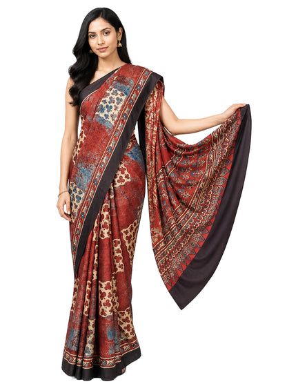 Ajrakh Modal Silk Natural Dye Hand Block Print Saree with Blouse Piece - 5.5 Mtr Length    -  SKU : AI27A01S
