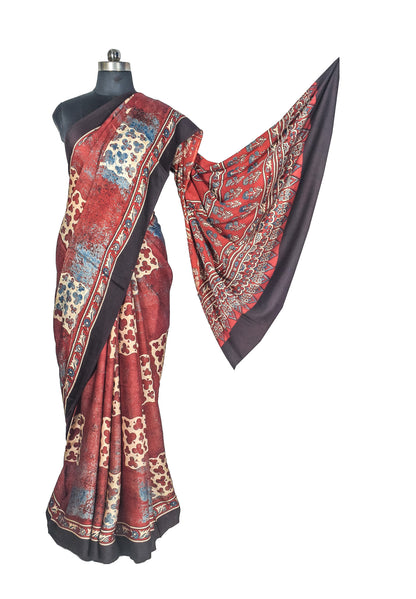 Ajrakh Modal Silk Natural Dye Hand Block Print Saree with Blouse Piece - 5.5 Mtr Length    -  SKU : AI27A01S
