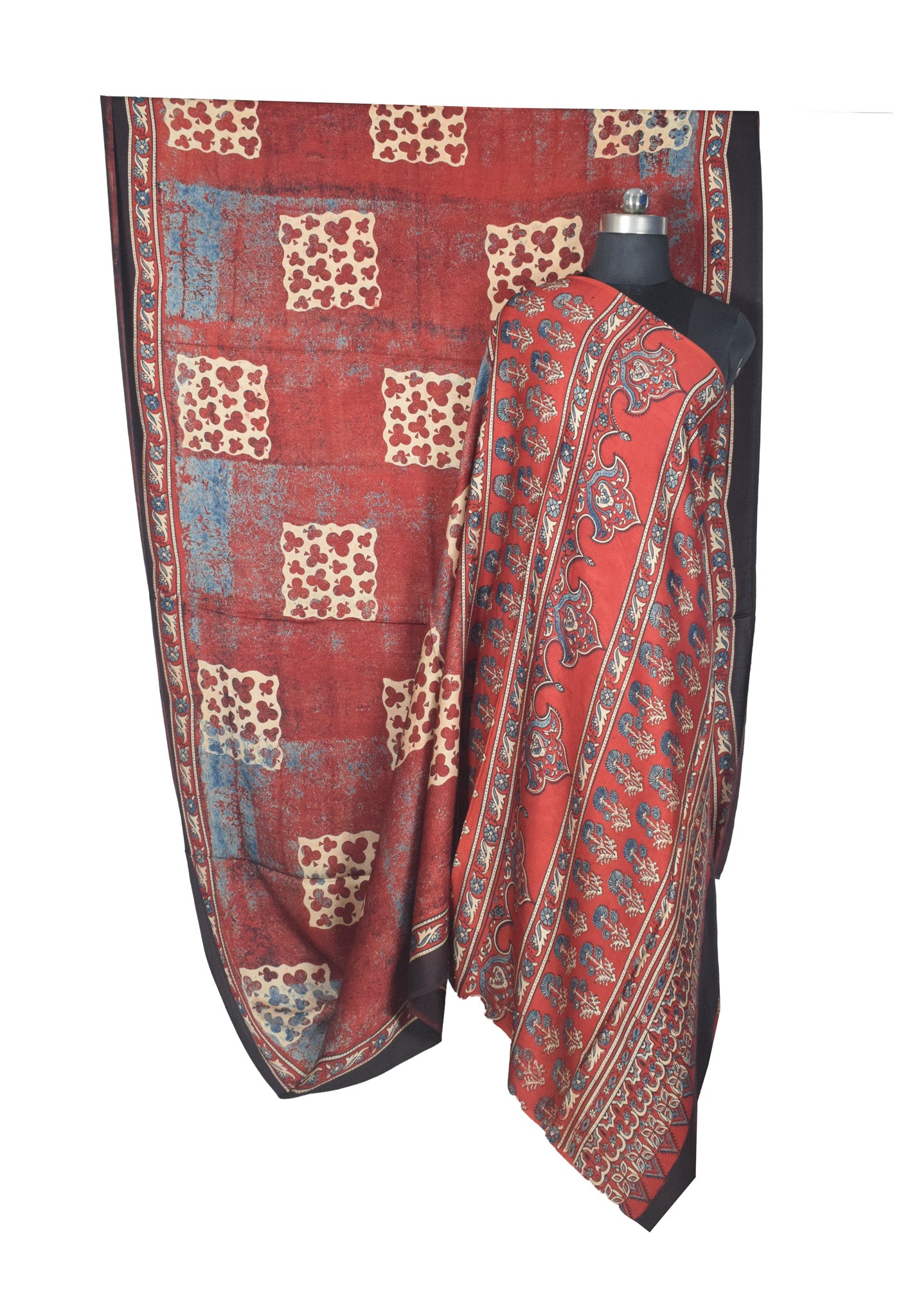 Ajrakh Modal Silk Natural Dye Hand Block Print Saree with Blouse Piece - 5.5 Mtr Length    -  SKU : AI27A01S