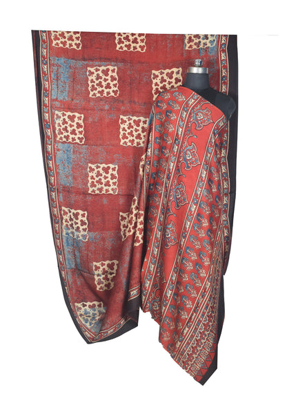 Ajrakh Modal Silk Natural Dye Hand Block Print Saree with Blouse Piece - 5.5 Mtr Length    -  SKU : AI27A01S