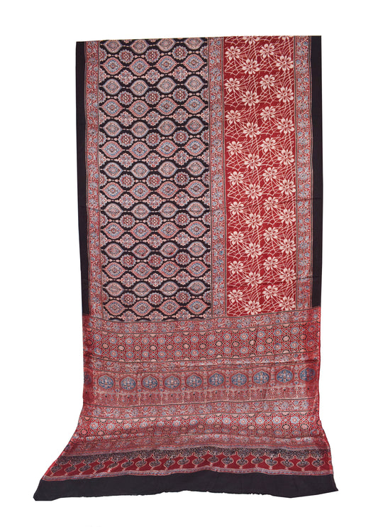 Ajrakh Modal Silk Natural Dye Hand Block Print Saree with Ajrakh Blouse Piece - 6 Mtr Length    -  SKU : ID0220AD