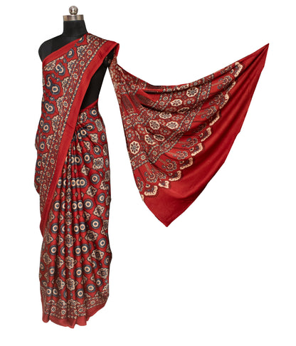 Ajrakh Modal Silk Natural Dye Hand Block Print Saree with Blouse Piece - 6 Mtr Length    -  SKU : ID24601B