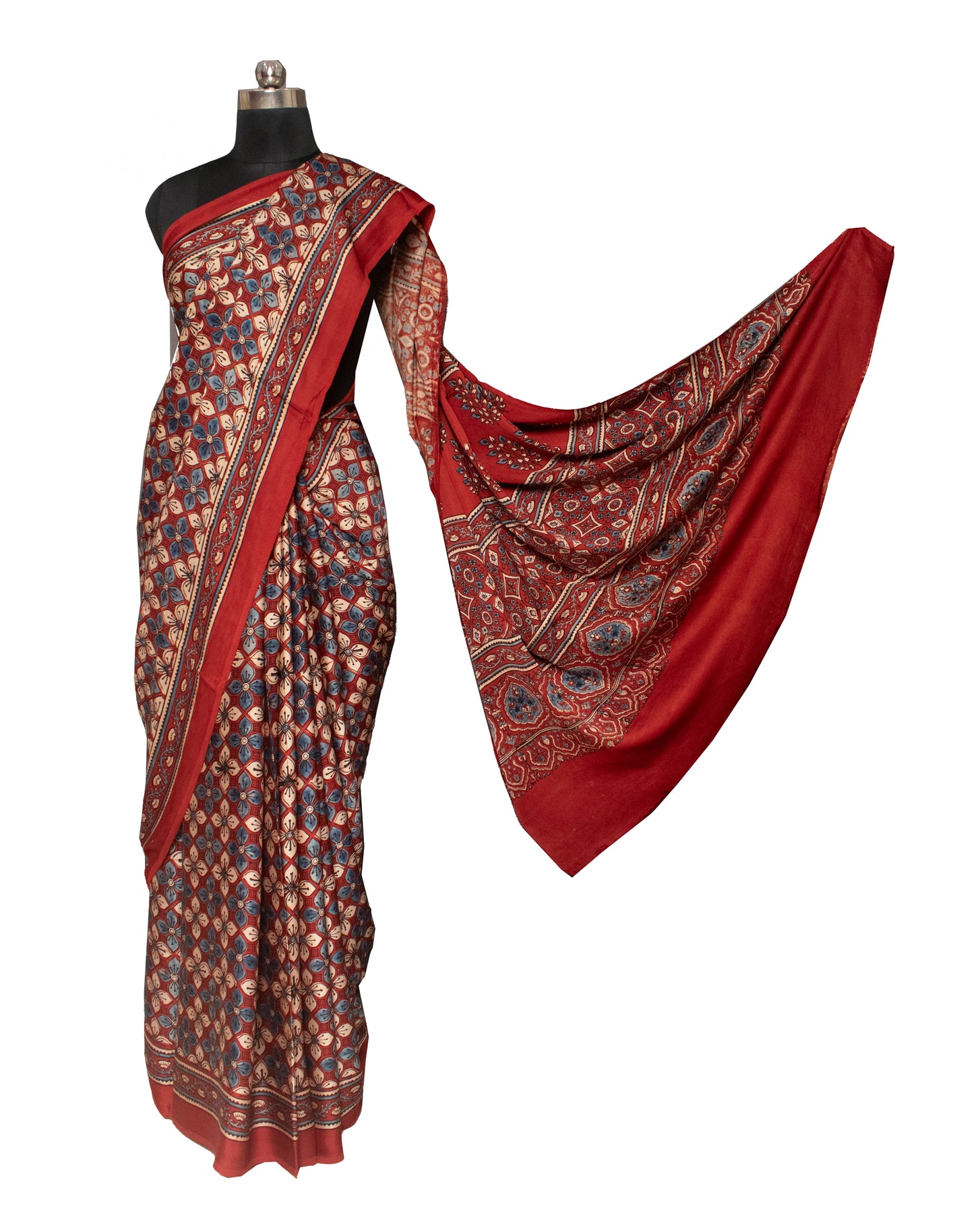 Ajrakh Modal Silk Natural Dye Hand Block Print Saree 5.5 Mtr Length + 0.85 Mtr Blouse Piece    -  SKU : ID24601H