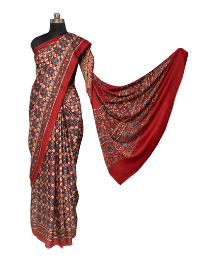 Ajrakh Modal Silk Natural Dye Hand Block Print Saree 5.5 Mtr Length + 0.85 Mtr Blouse Piece    -  SKU : ID24601H