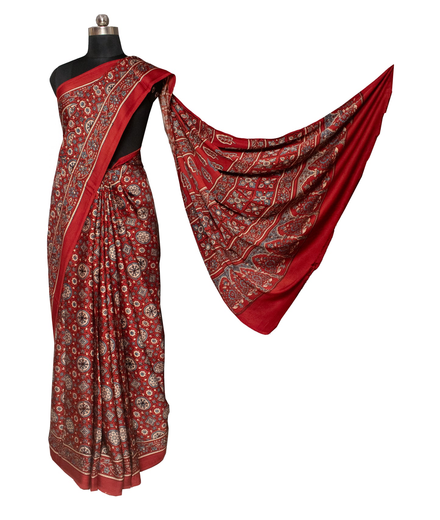 Ajrakh Modal Silk Natural Dye Hand Block Print Saree 5.5 Mtr Length + 0.85 Mtr Blouse Piece    -  SKU : ID24601N