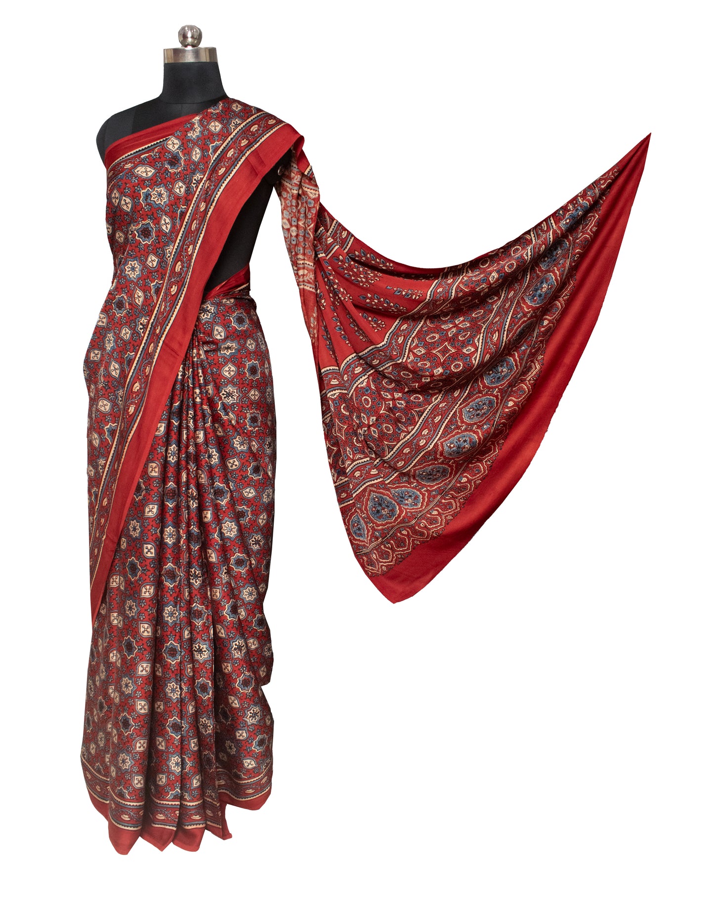 Ajrakh Modal Silk Natural Dye Hand Block Print Saree 5.5 Mtr Length + 0.85 Mtr Blouse Piece    -  SKU : ID24601T