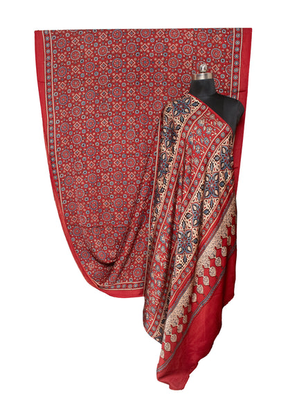 Ajrakh Modal Silk Natural Dye Hand Block Print Saree with Blouse Piece - 5.5 Mtr Length    -  SKU : ID24601Z