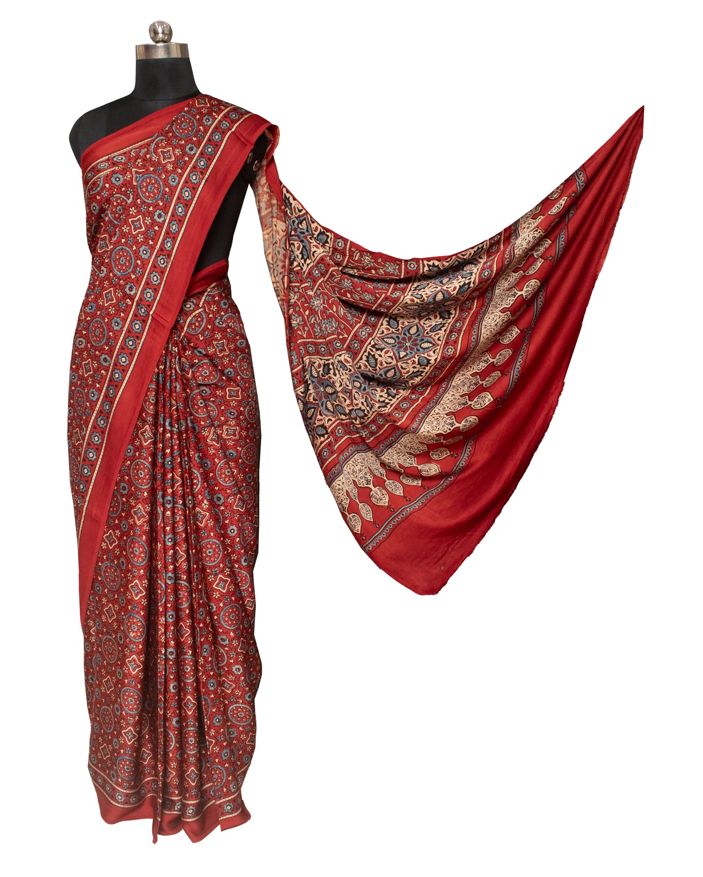 Ajrakh Modal Silk Natural Dye Hand Block Print Saree with Blouse Piece - 5.5 Mtr Length    -  SKU : ID24601Z