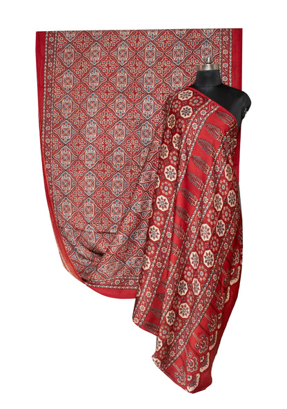 Ajrakh Modal Silk Natural Dye Hand Block Print Saree 5.5 Mtr Length + 0.85 Mtr Blouse Piece    -  SKU : ID2460AF