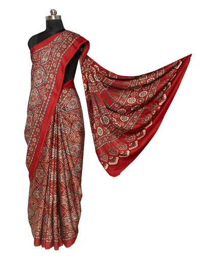 Ajrakh Modal Silk Natural Dye Hand Block Print Saree 5.5 Mtr Length + 0.85 Mtr Blouse Piece    -  SKU : ID2460AF