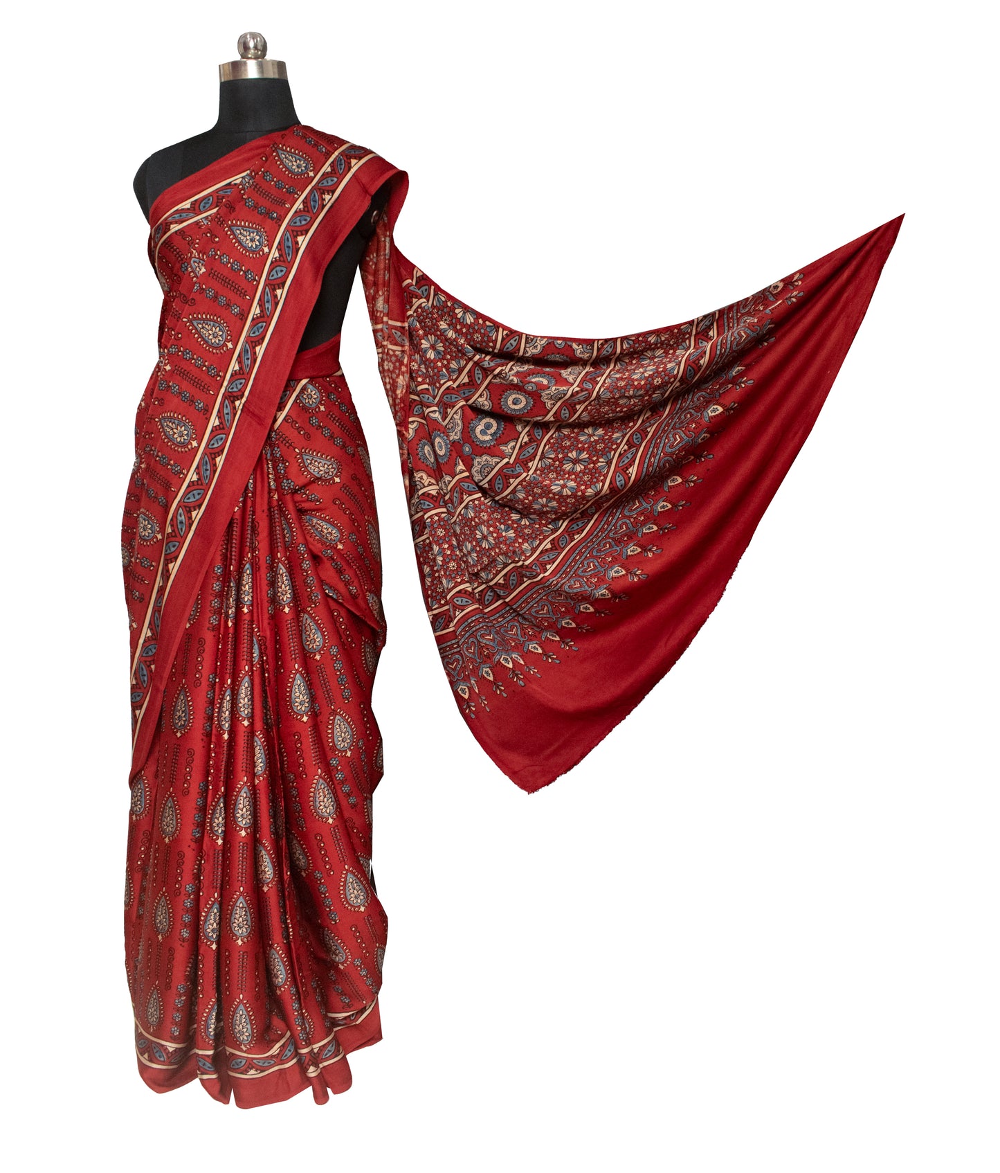 Ajrakh Modal Silk Natural Dye Hand Block Print Saree 5.5 Mtr Length + 0.85 Mtr Blouse Piece    -  SKU : ID2460AL