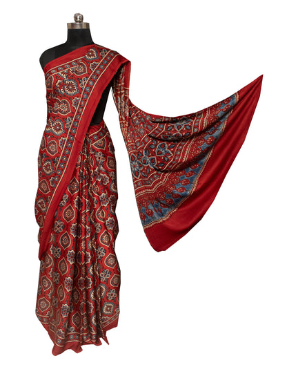 Ajrakh Modal Silk Natural Dye Hand Block Print Saree 5.5 Mtr Length + 0.85 Mtr Blouse Piece    -  SKU : ID2460AX