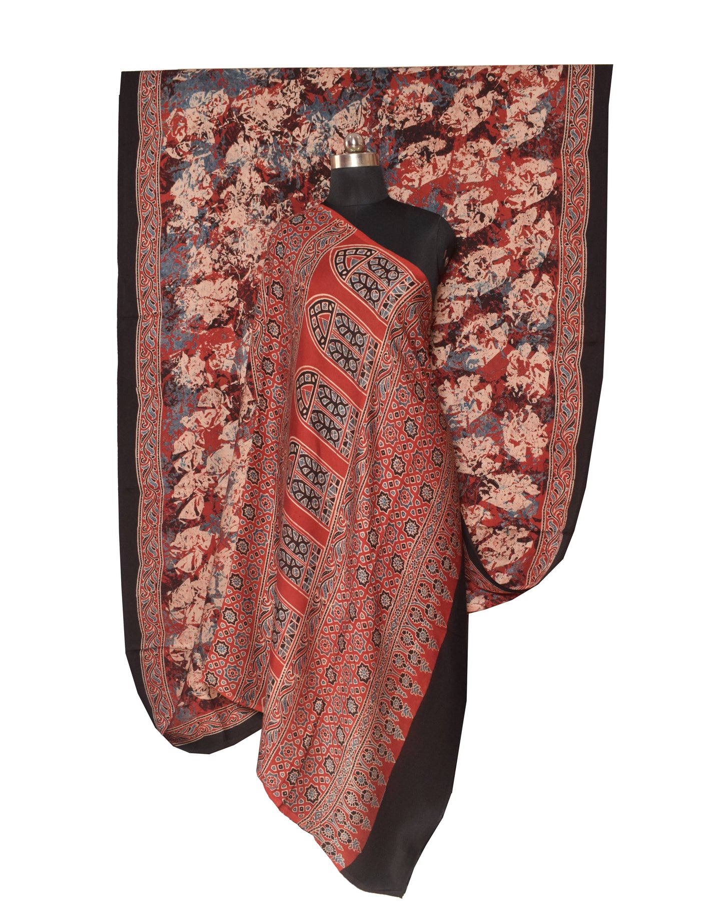 Ajrakh Modal Silk Natural Dye Hand Block Print Saree  with Ajrakh Blouse Piece  - 6 Mtr Length    -  SKU : MS16C01C
