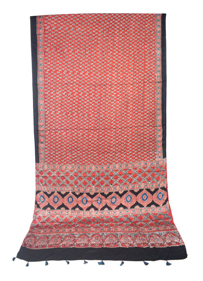 Ajrakh Modal Silk Natural Dye Hand Block Print Saree with Blouse Piece - 5.5 Mtr Length   -  SKU : SI01701A