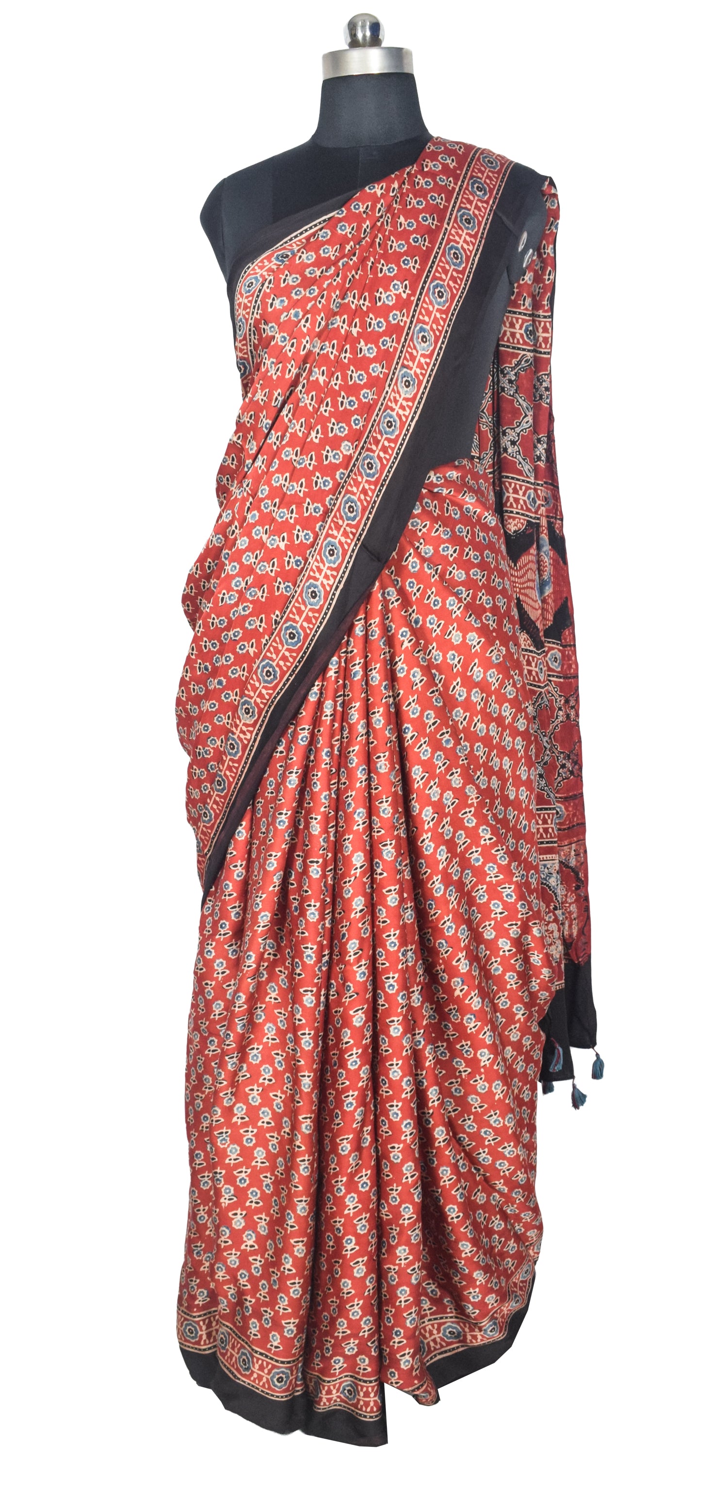Ajrakh Modal Silk Natural Dye Hand Block Print Saree with Blouse Piece - 5.5 Mtr Length   -  SKU : SI01701A