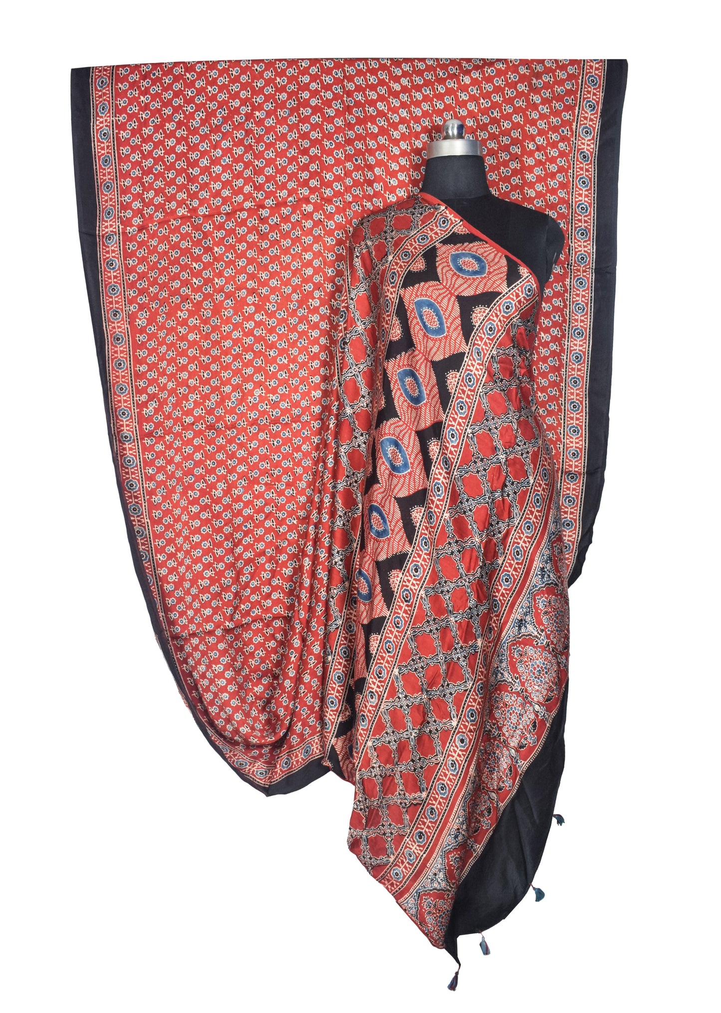 Ajrakh Modal Silk Natural Dye Hand Block Print Saree with Blouse Piece - 5.5 Mtr Length   -  SKU : SI01701A