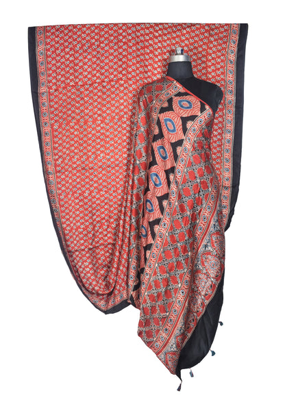 Ajrakh Modal Silk Natural Dye Hand Block Print Saree with Blouse Piece - 5.5 Mtr Length   -  SKU : SI01701A