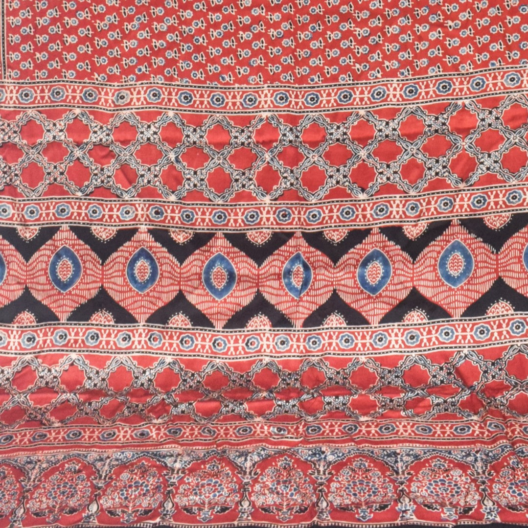 Ajrakh Modal Silk Natural Dye Hand Block Print Saree with Blouse Piece - 5.5 Mtr Length   -  SKU : SI01701A