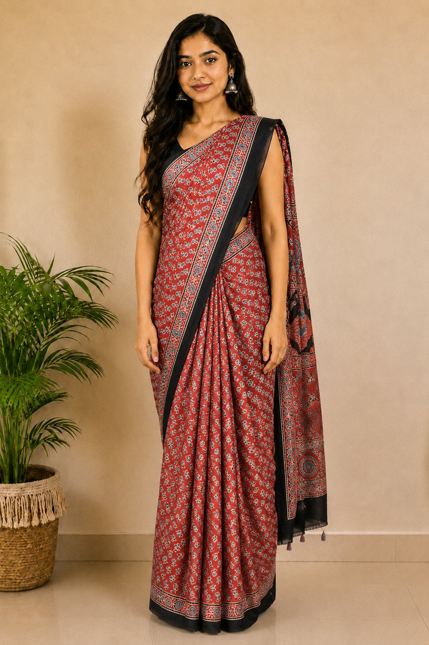 Ajrakh Modal Silk Natural Dye Hand Block Print Saree with Blouse Piece - 5.5 Mtr Length   -  SKU : SI01701A