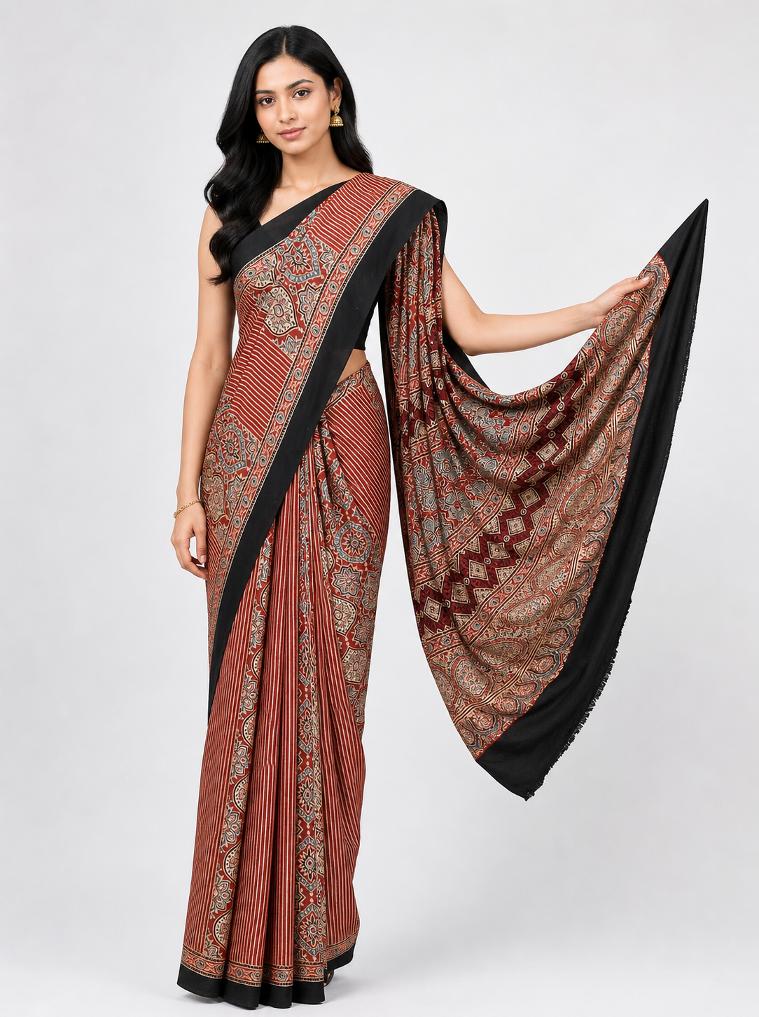 Ajrakh Modal Silk Natural Dye Hand Block Print Saree with Blouse Piece - 5.5 Mtr Length    -  SKU : ZD12801A